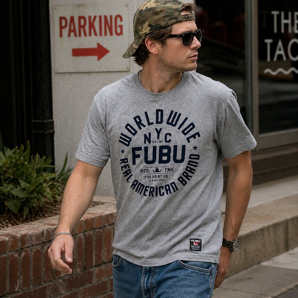 Y2K FUBU The Collection Mens Gray Flocked Graphic T-Shirt‎ Worldwide NYC Size M